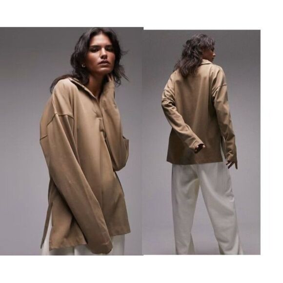TOPSHOP Women’s Oversize Long Sleeve Cotton Polo in Taupe, Sz. 12 - Picture 1 of 10